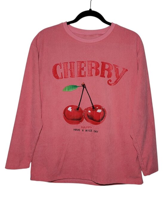 SHEIN Tops - SHEIN Cherry Graphic Long Sleeve Corduroy Top Pink Pullover Drop Shoulder Small